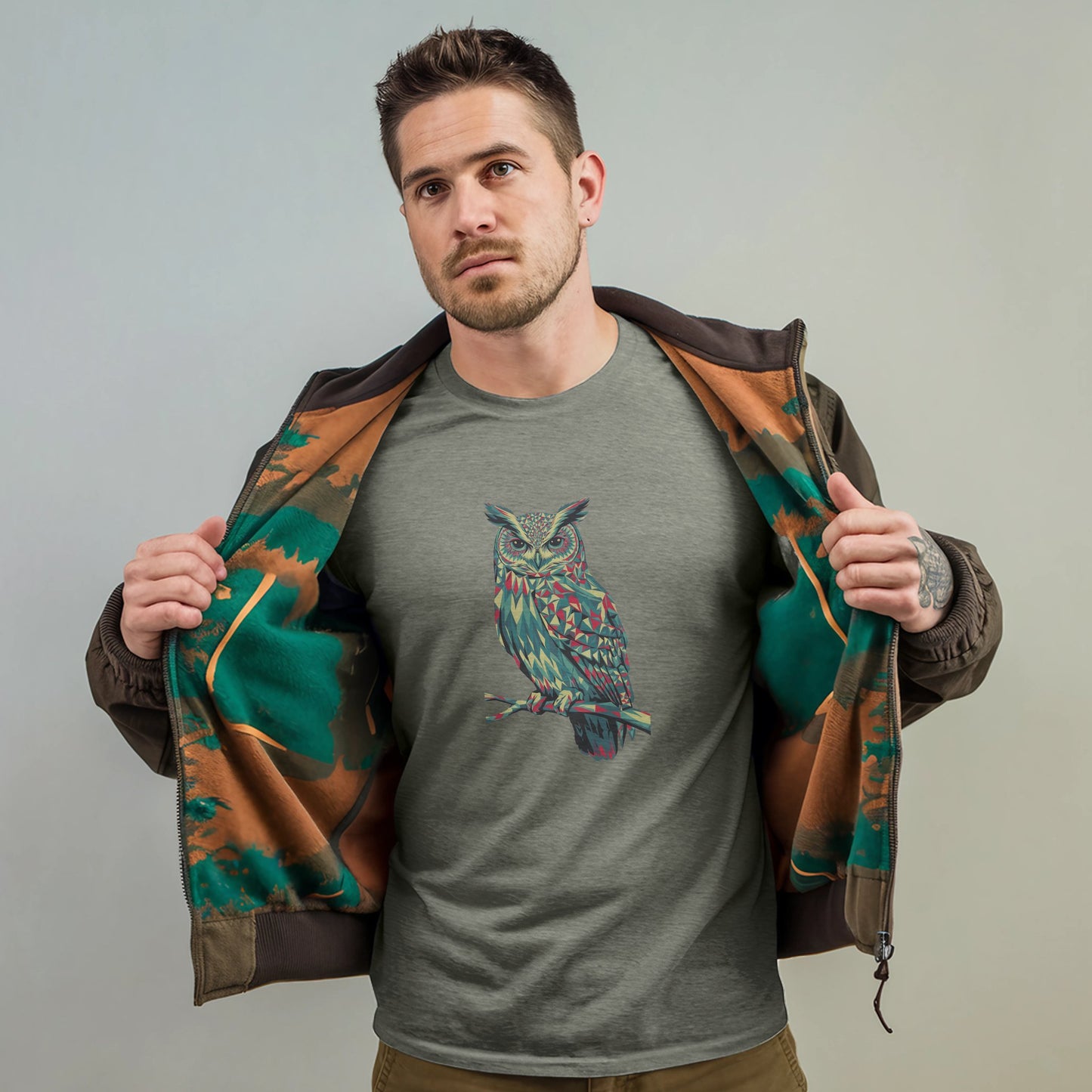 Horned Owl Mosaic T-Shirt Adventure and Outdoors Themed T-Shirt