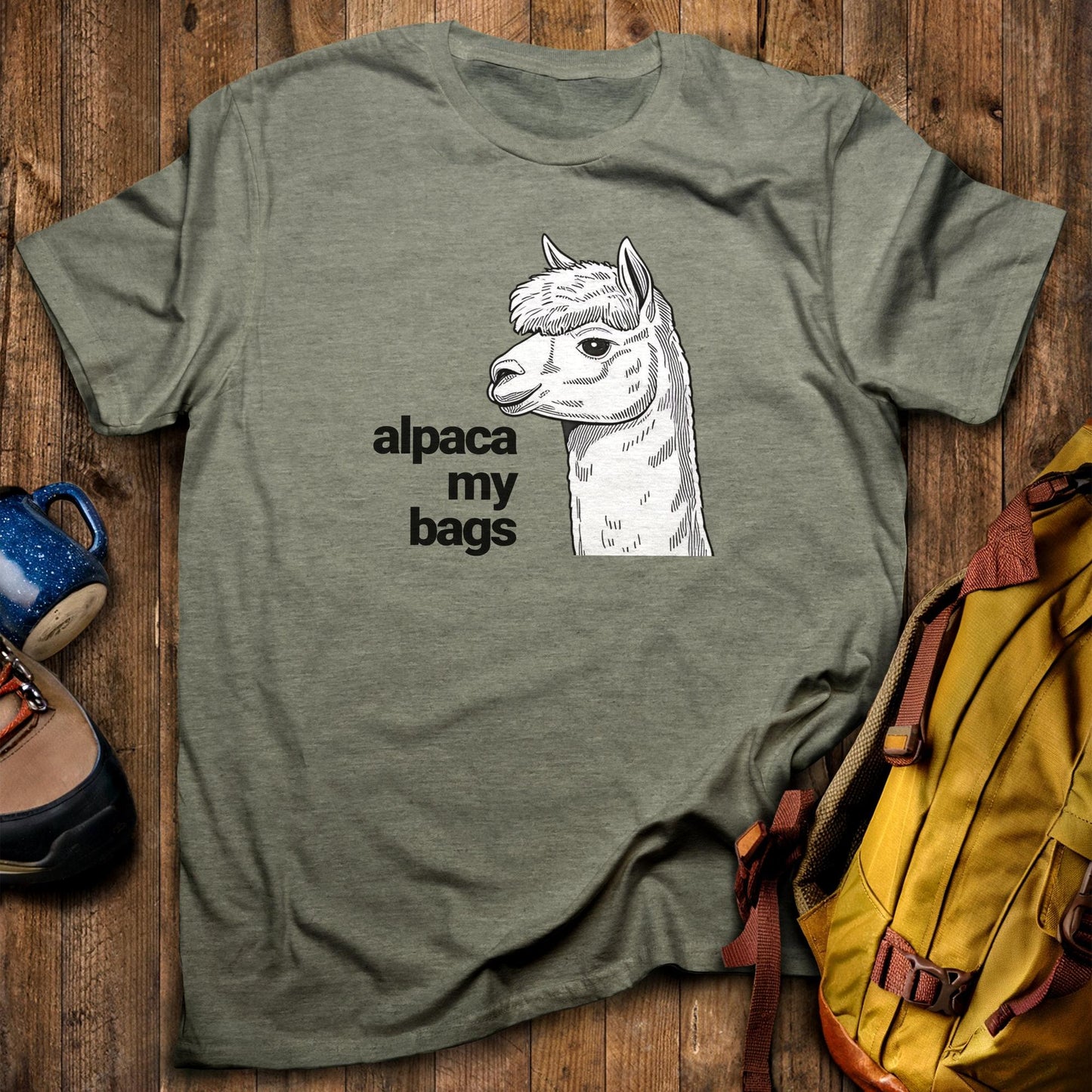 Alpaca My Bags T-Shirt Heather Military Green Adventure and Outdoors Themed T-Shirt