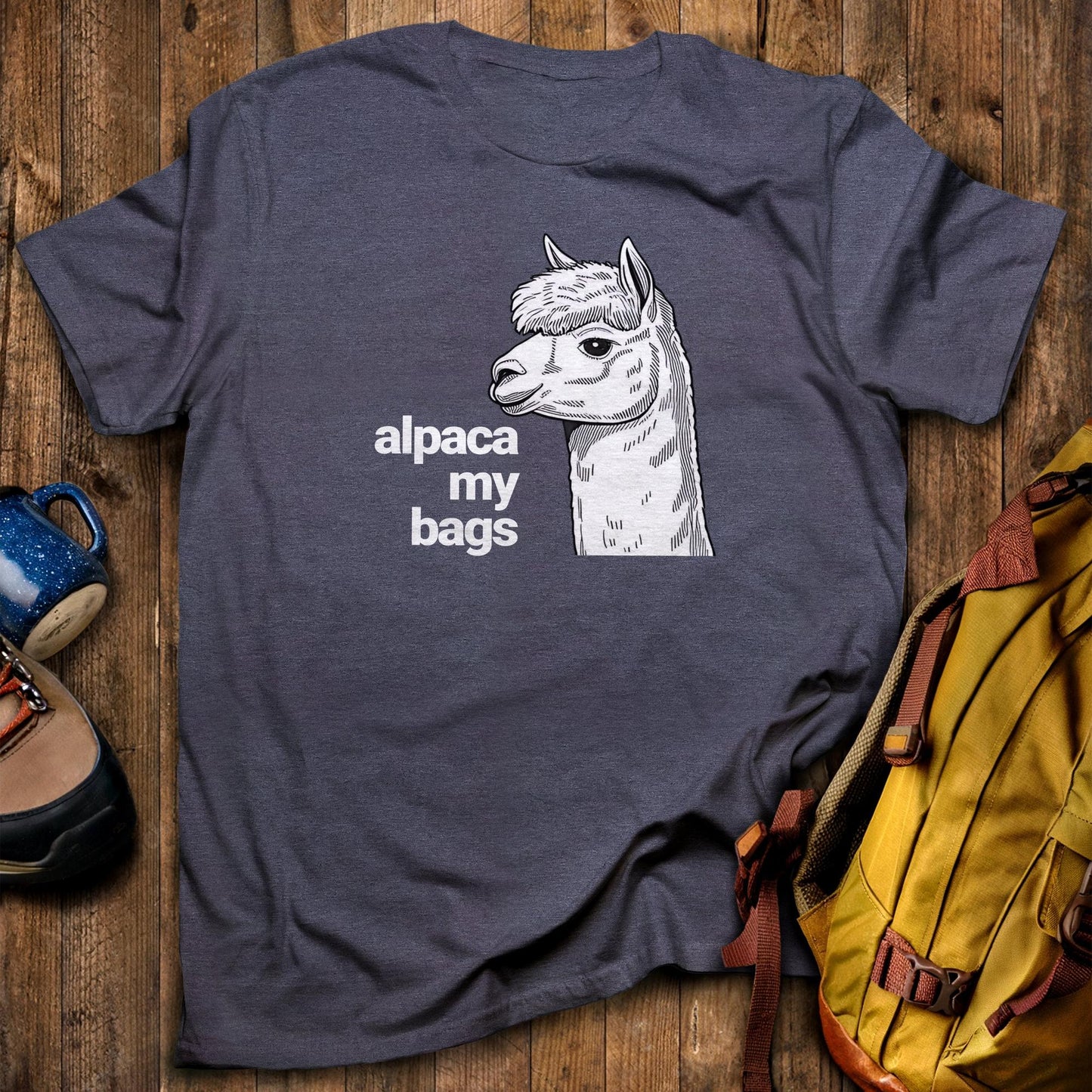 Alpaca My Bags T-Shirt Heather Navy Adventure and Outdoors Themed T-Shirt
