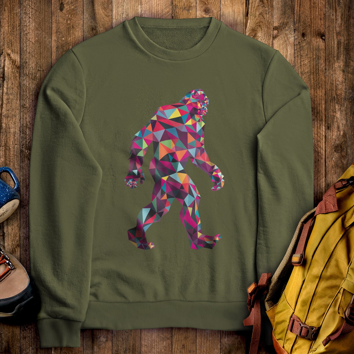 Sasquatch Mosaic Crewneck Sweatshirt Military Green Adventure and Outdoors Themed Sweatshirt