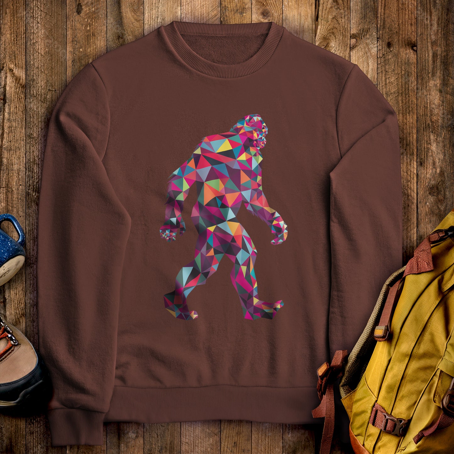 Sasquatch Mosaic Crewneck Sweatshirt Cocoa Adventure and Outdoors Themed Sweatshirt