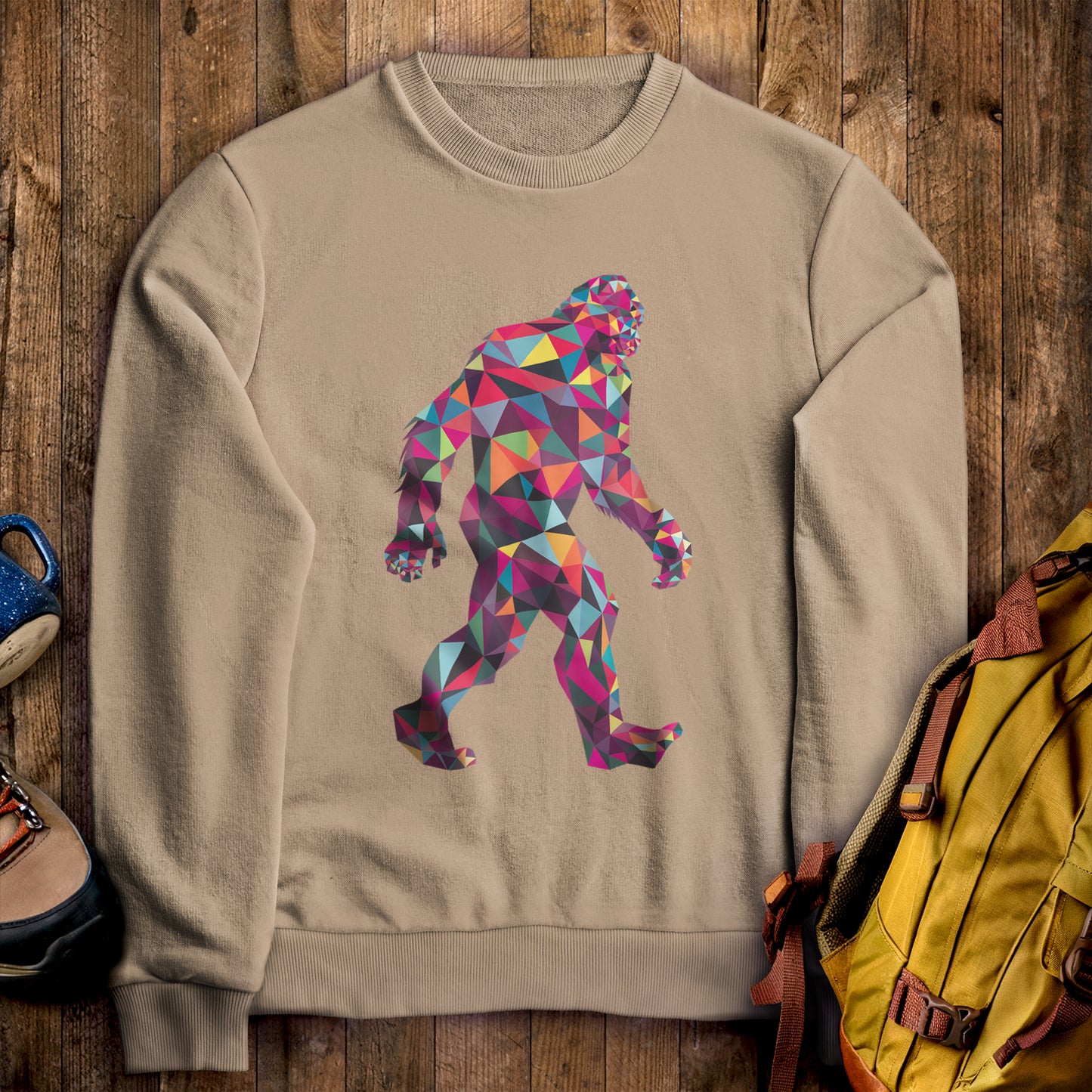 Sasquatch Mosaic Crewneck Sweatshirt Sand Adventure and Outdoors Themed Sweatshirt