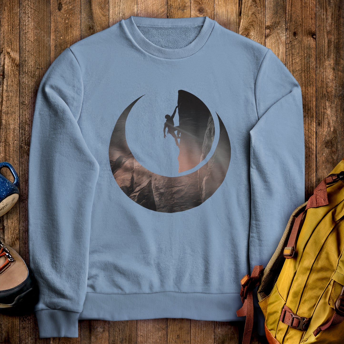 Rock Climber Silhouette Crewneck Sweatshirt Stone Blue Adventure and Outdoors Themed Sweatshirt