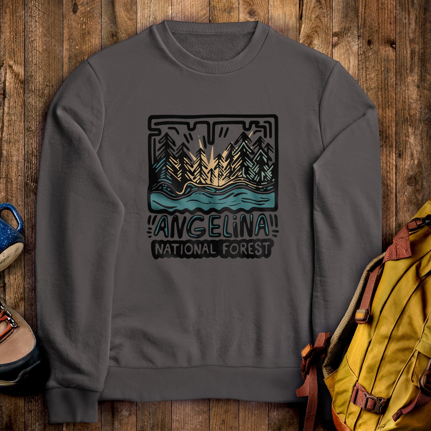 Angelina National Forest Crewneck Sweatshirt Charcoal Adventure and Outdoors Themed Sweatshirt