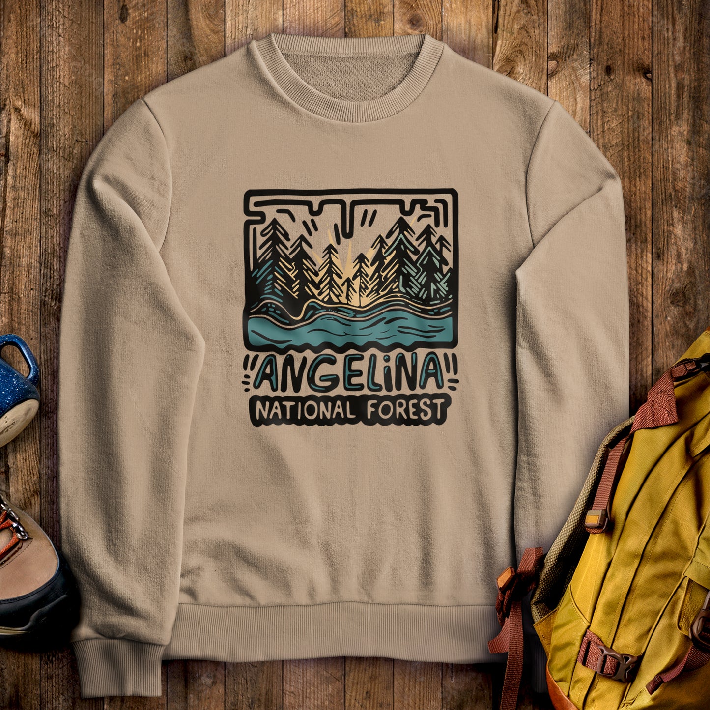 Angelina National Forest Crewneck Sweatshirt Sand Adventure and Outdoors Themed Sweatshirt