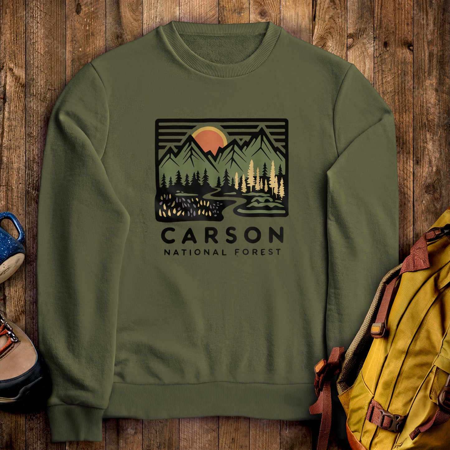 Carson National Forest Crewneck Sweatshirt Military Green Adventure and Outdoors Themed Sweatshirt