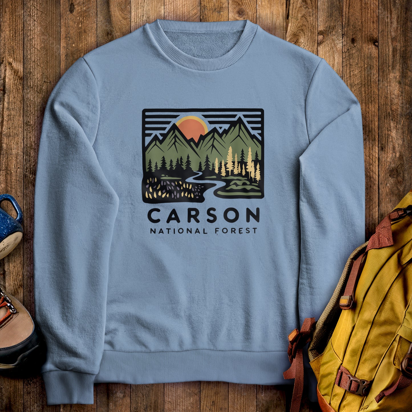 Carson National Forest Crewneck Sweatshirt Stone Blue Adventure and Outdoors Themed Sweatshirt