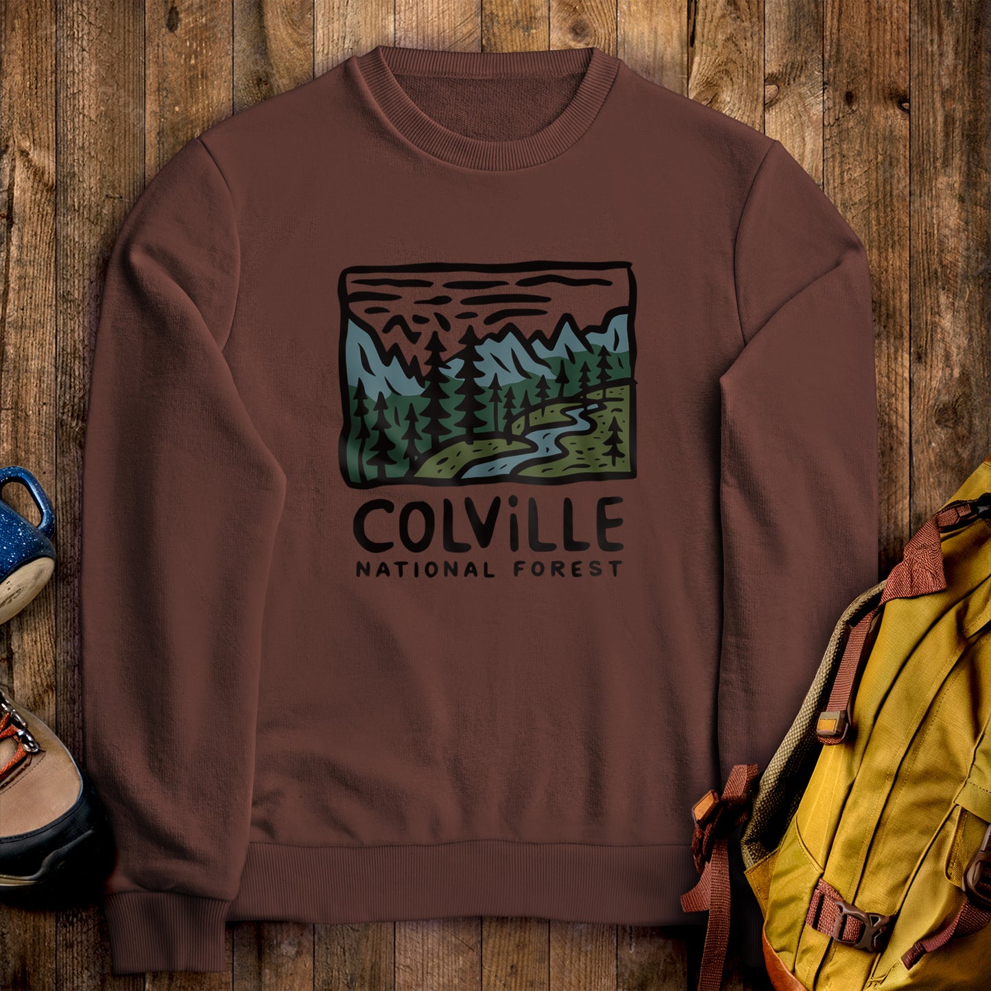 Colville National Forest Crewneck Sweatshirt Cocoa Adventure and Outdoors Themed Sweatshirt