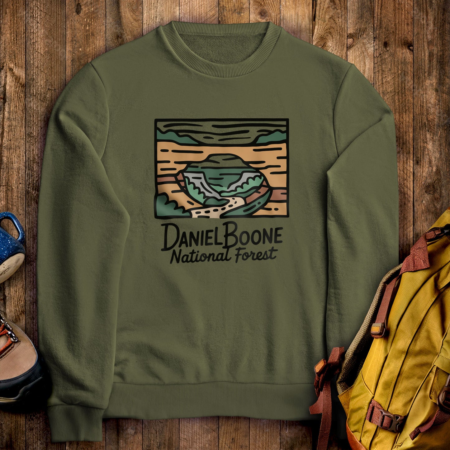 Daniel Boone National Forest Crewneck Sweatshirt Military Green Adventure and Outdoors Themed Sweatshirt