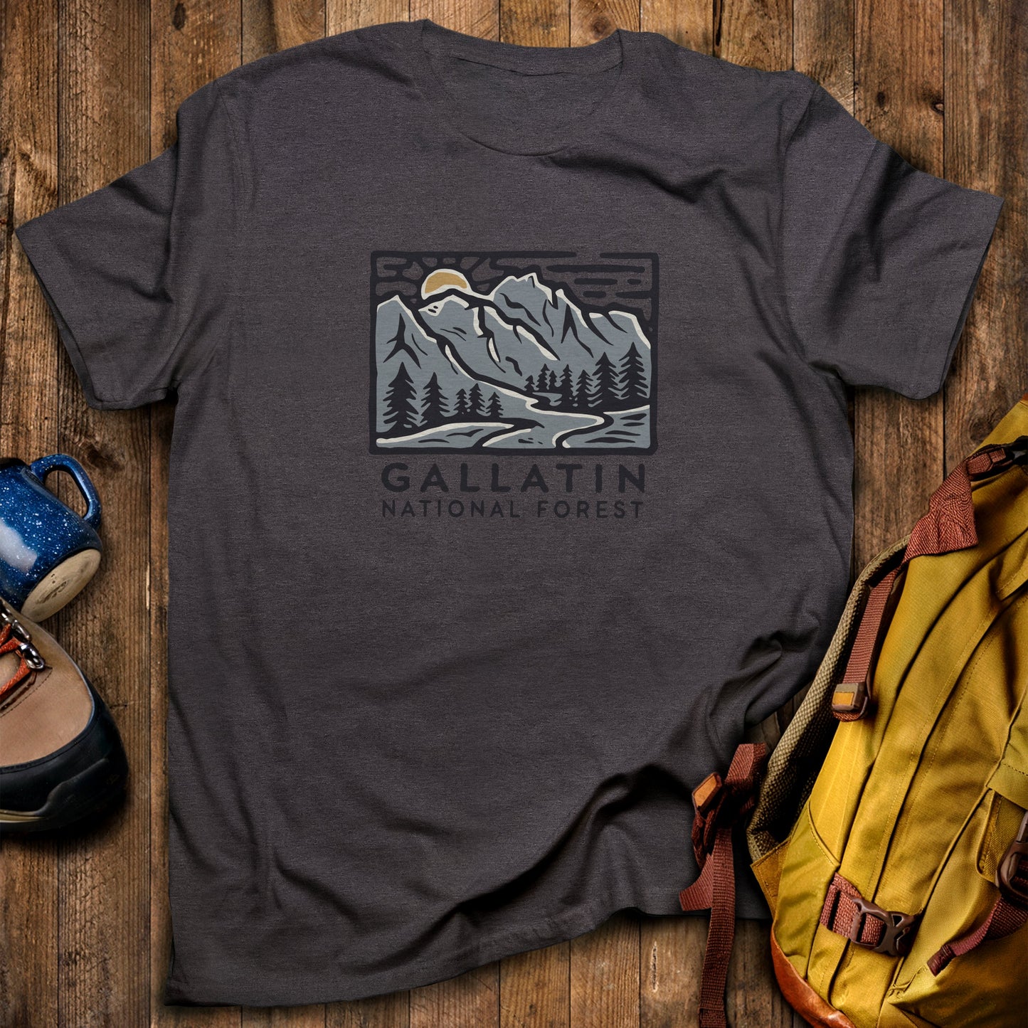 Gallatin National Forest T-Shirt Dark Heather Adventure and Outdoors Themed T-Shirt