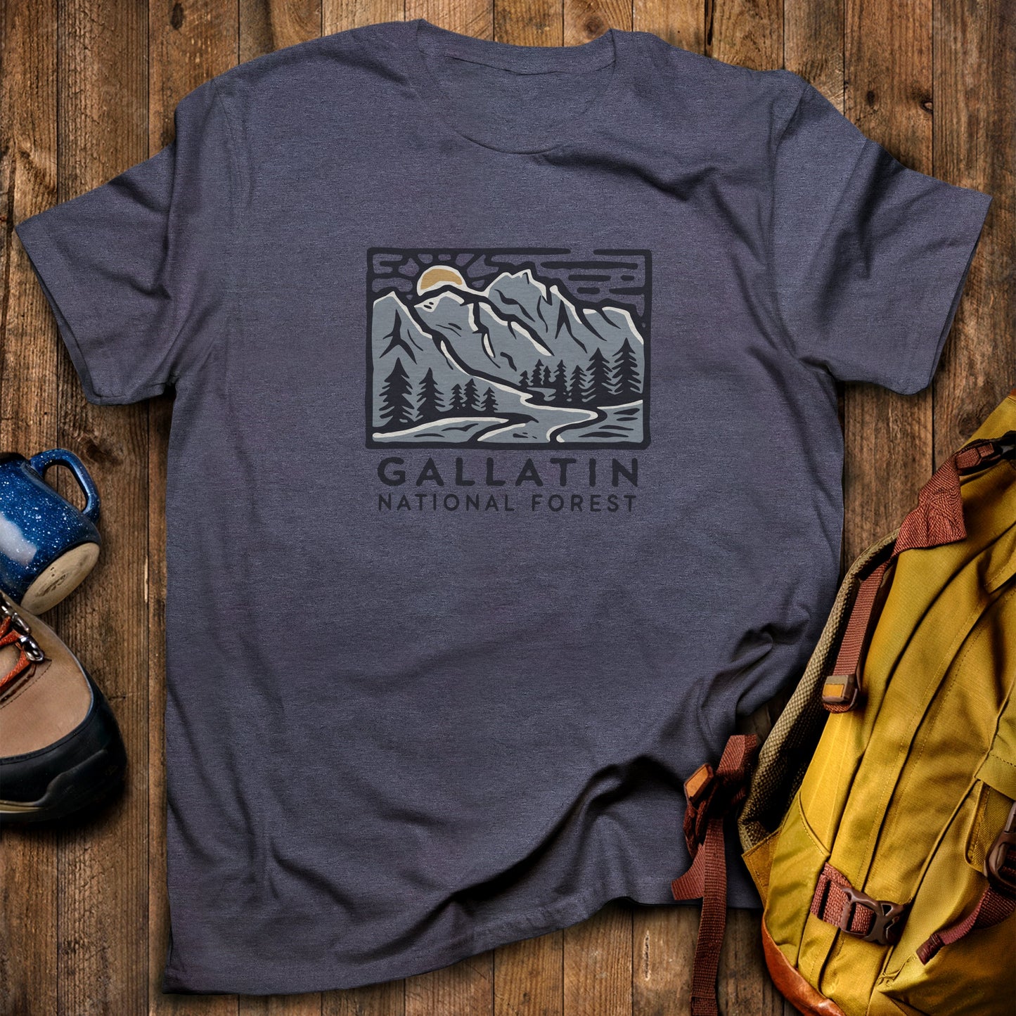Gallatin National Forest T-Shirt Heather Navy Adventure and Outdoors Themed T-Shirt