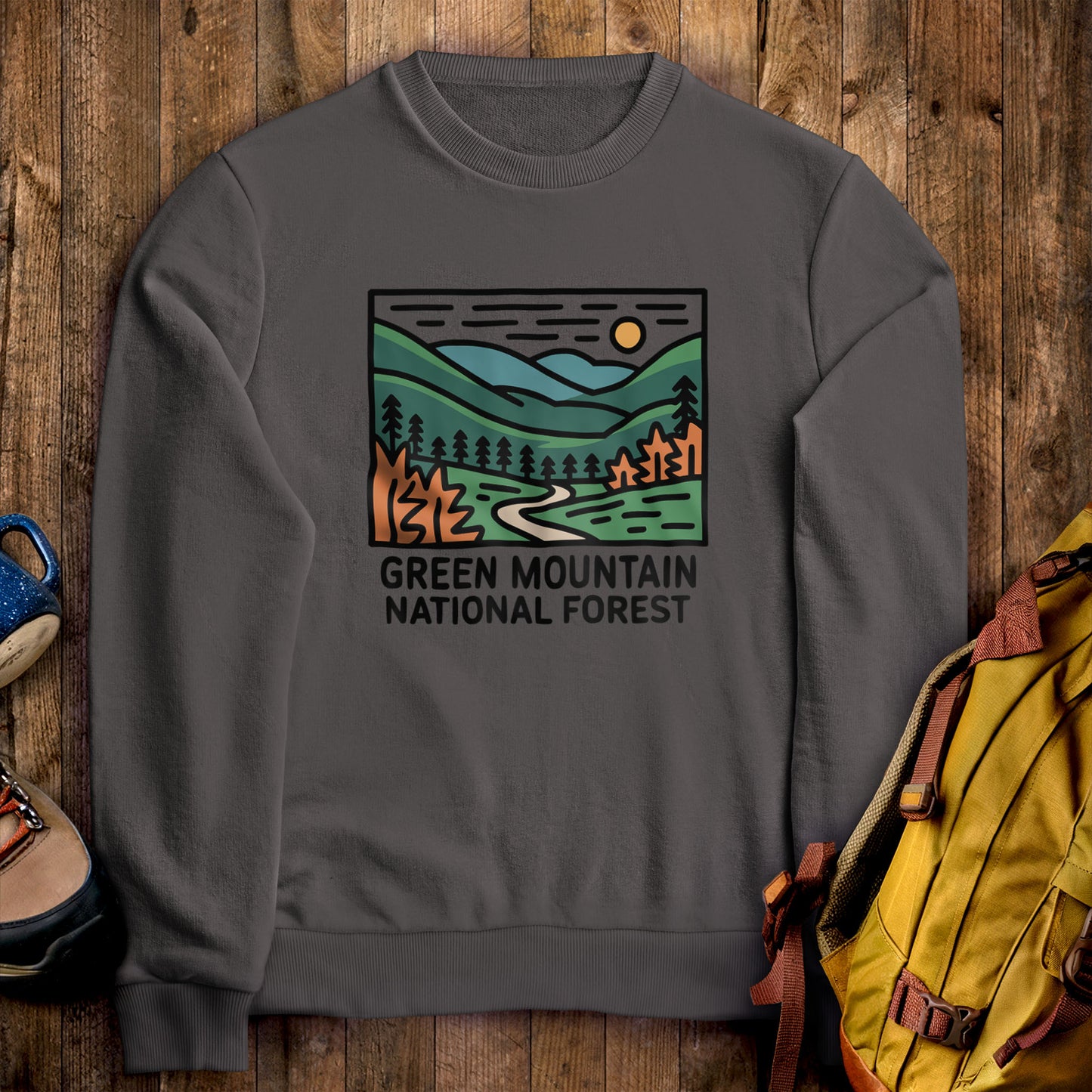 Green Mountain National Forest Crewneck Sweatshirt Charcoal Adventure and Outdoors Themed Sweatshirt