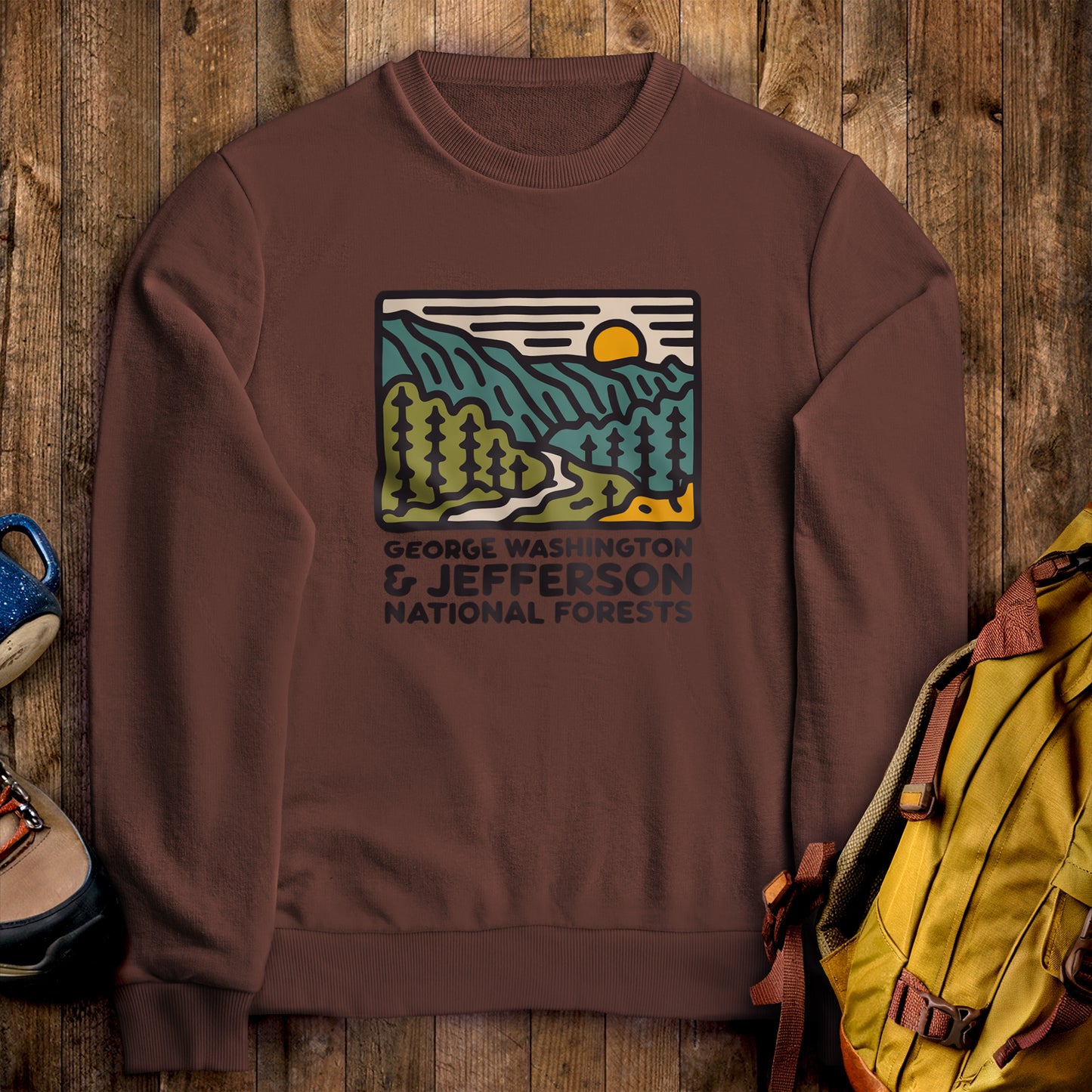 George Washington and Jefferson National Forests Crewneck Sweatshirt Cocoa Adventure and Outdoors Themed Sweatshirt