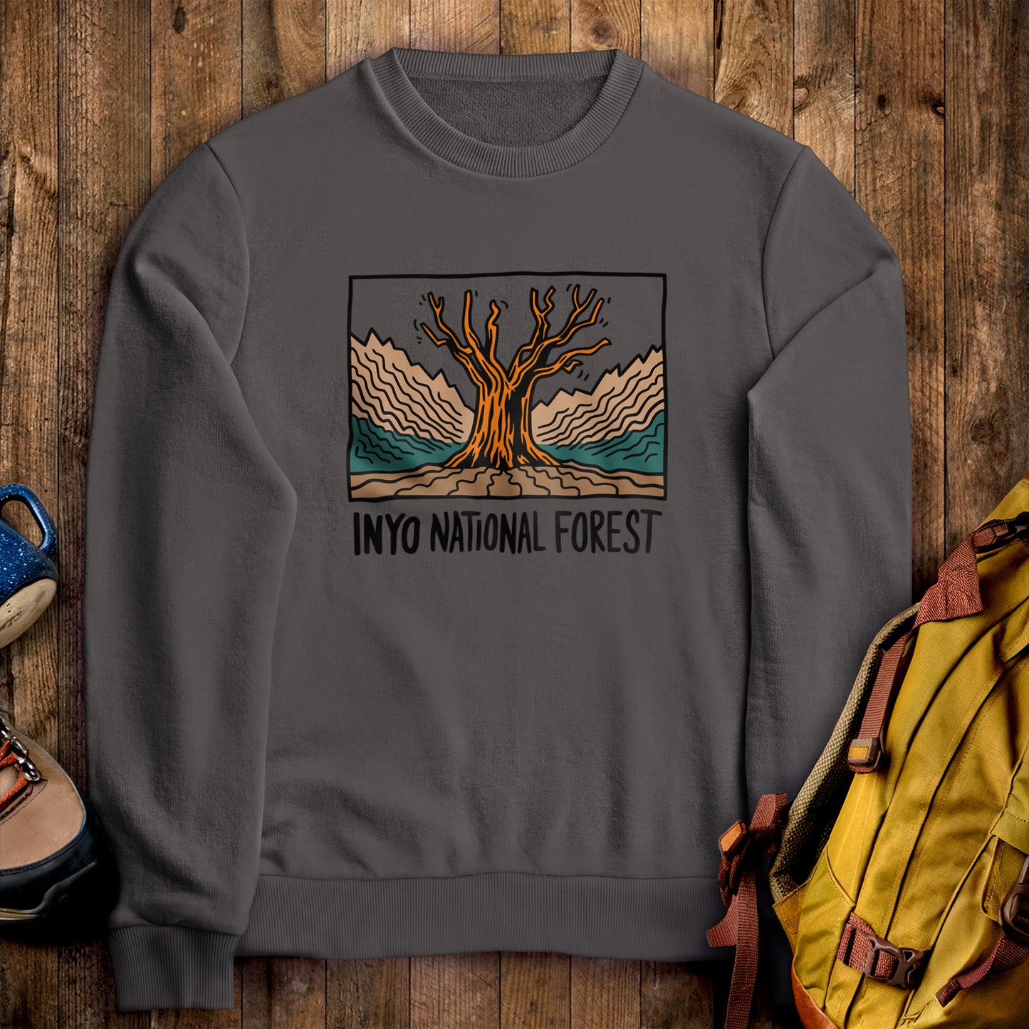 Inyo National Forest Crewneck Sweatshirt Charcoal Adventure and Outdoors Themed Sweatshirt