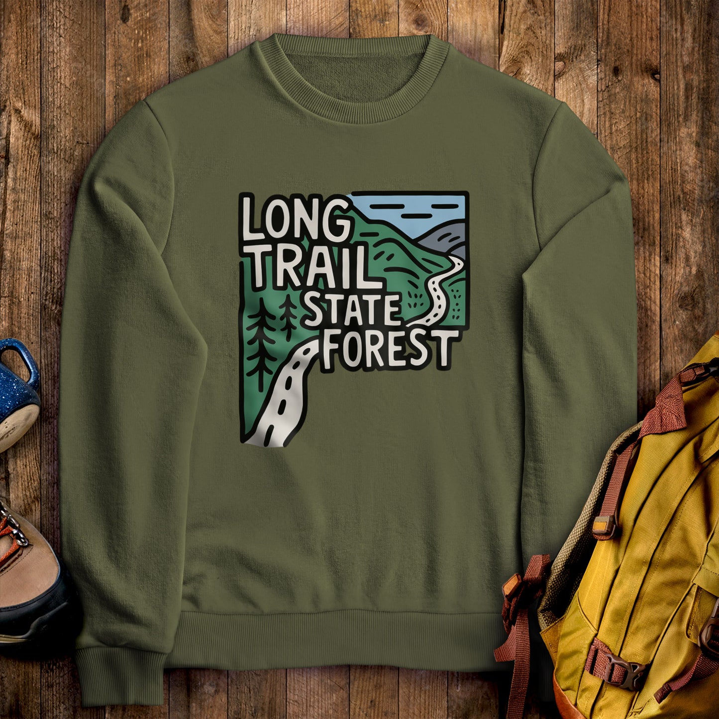 Long Trail State Forest Crewneck Sweatshirt Military Green Adventure and Outdoors Themed Sweatshirt