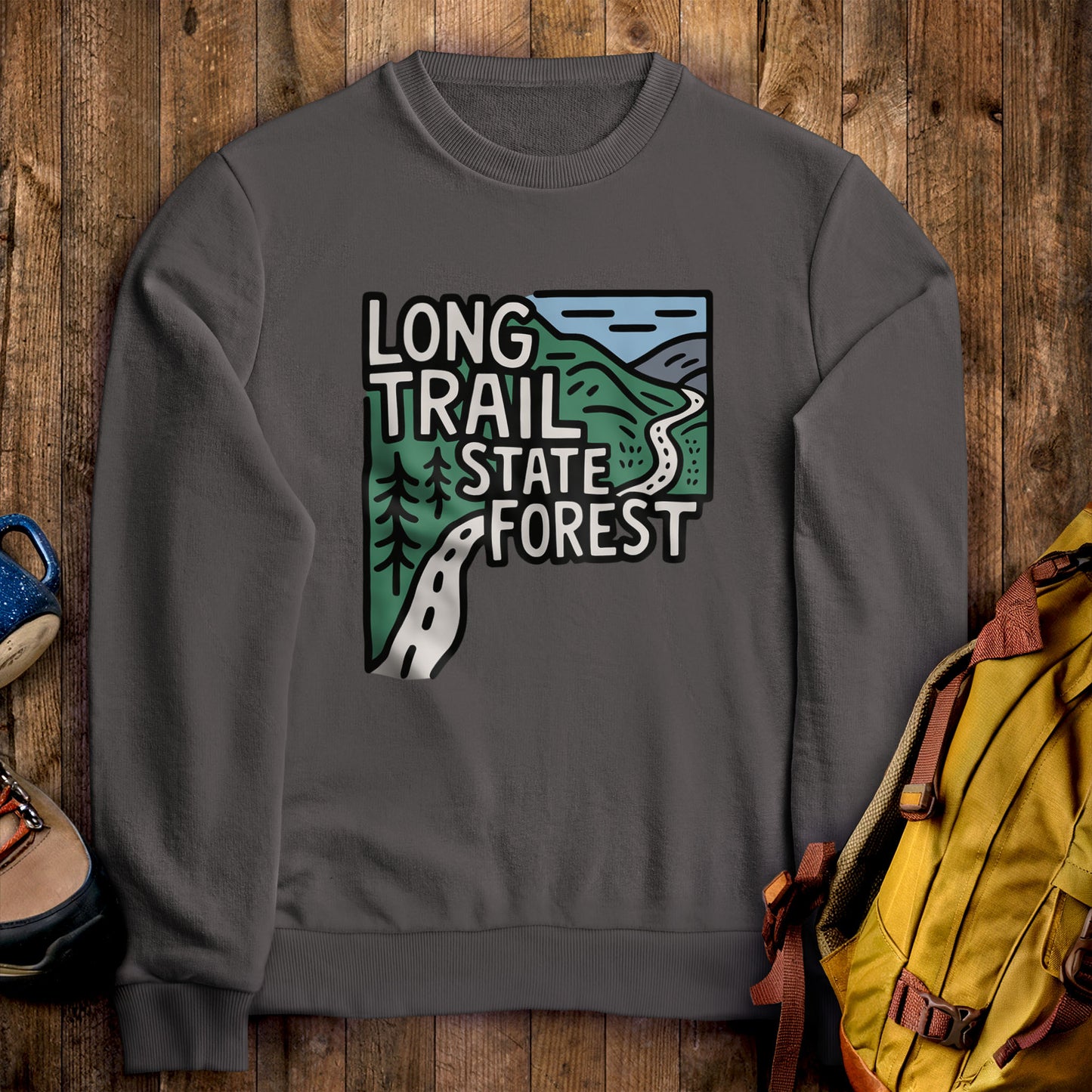 Long Trail State Forest Crewneck Sweatshirt Charcoal Adventure and Outdoors Themed Sweatshirt