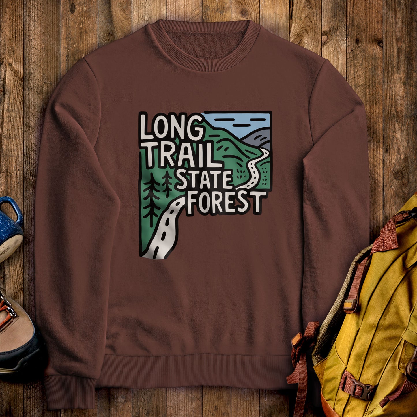 Long Trail State Forest Crewneck Sweatshirt Cocoa Adventure and Outdoors Themed Sweatshirt