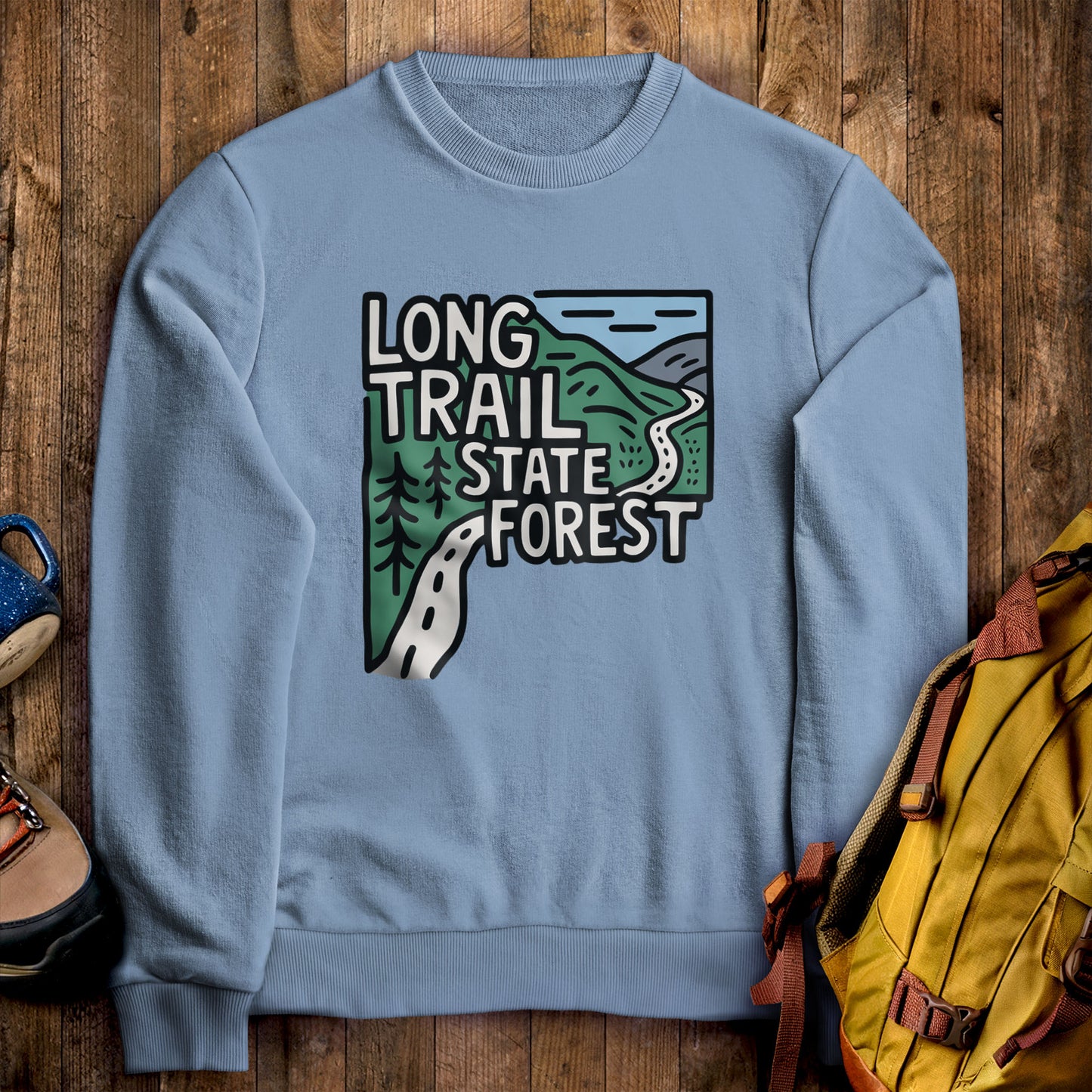 Long Trail State Forest Crewneck Sweatshirt Stone Blue Adventure and Outdoors Themed Sweatshirt