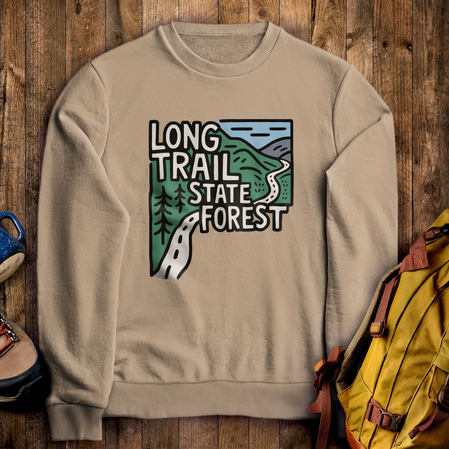 Long Trail State Forest Crewneck Sweatshirt Sand Adventure and Outdoors Themed Sweatshirt