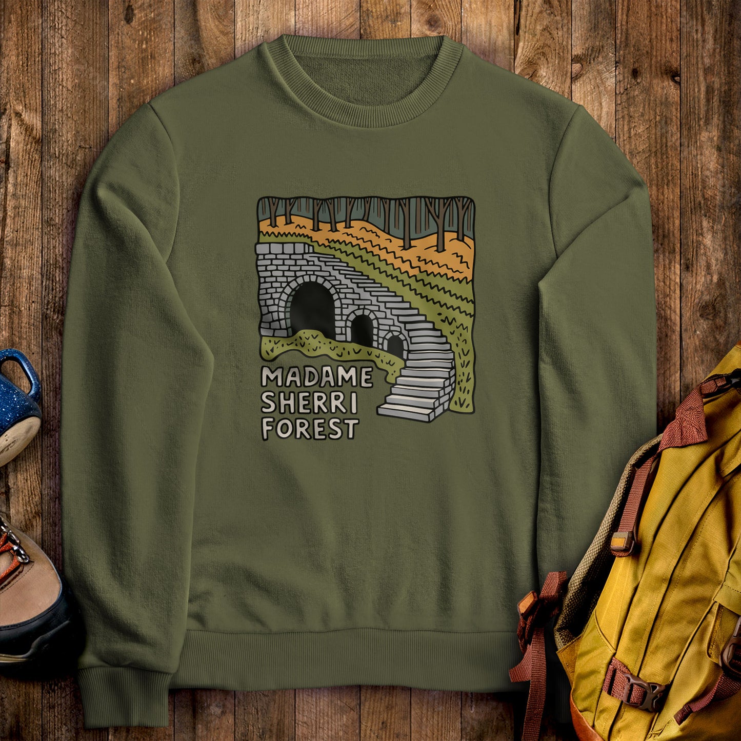 Madame Sherri Forest Crewneck Sweatshirt Military Green Adventure and Outdoors Themed Sweatshirt