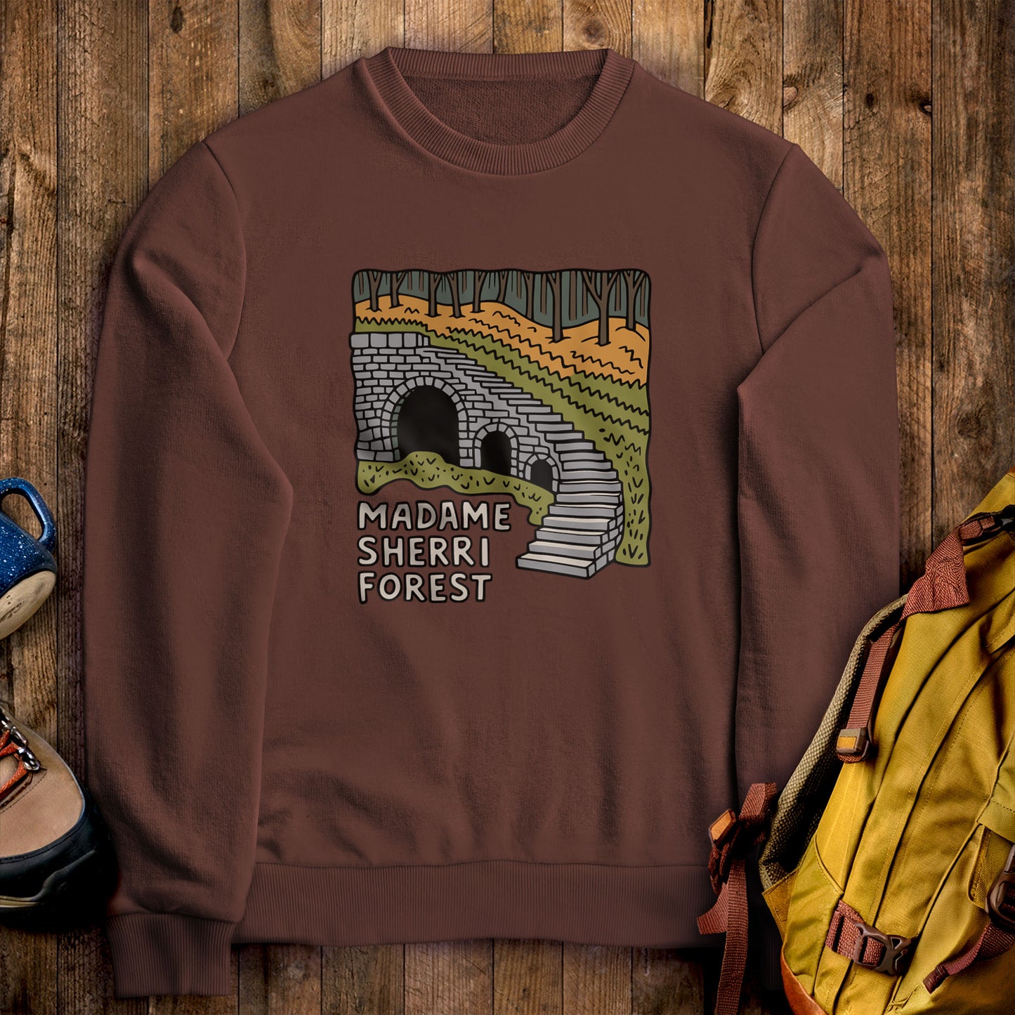 Madame Sherri Forest Crewneck Sweatshirt Cocoa Adventure and Outdoors Themed Sweatshirt