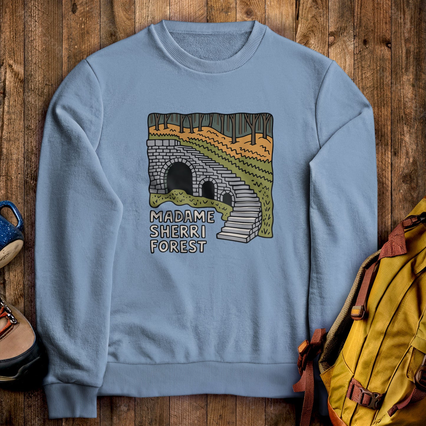 Madame Sherri Forest Crewneck Sweatshirt Stone Blue Adventure and Outdoors Themed Sweatshirt