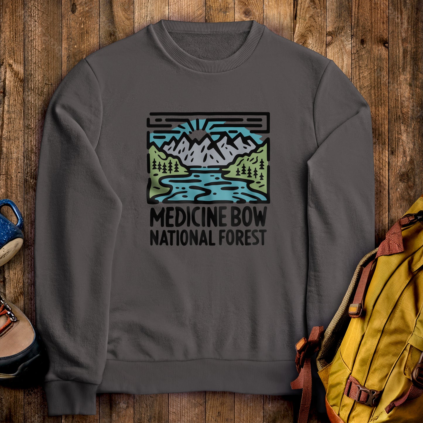 Medicine Bow National Forest Crewneck Sweatshirt Charcoal Adventure and Outdoors Themed Sweatshirt