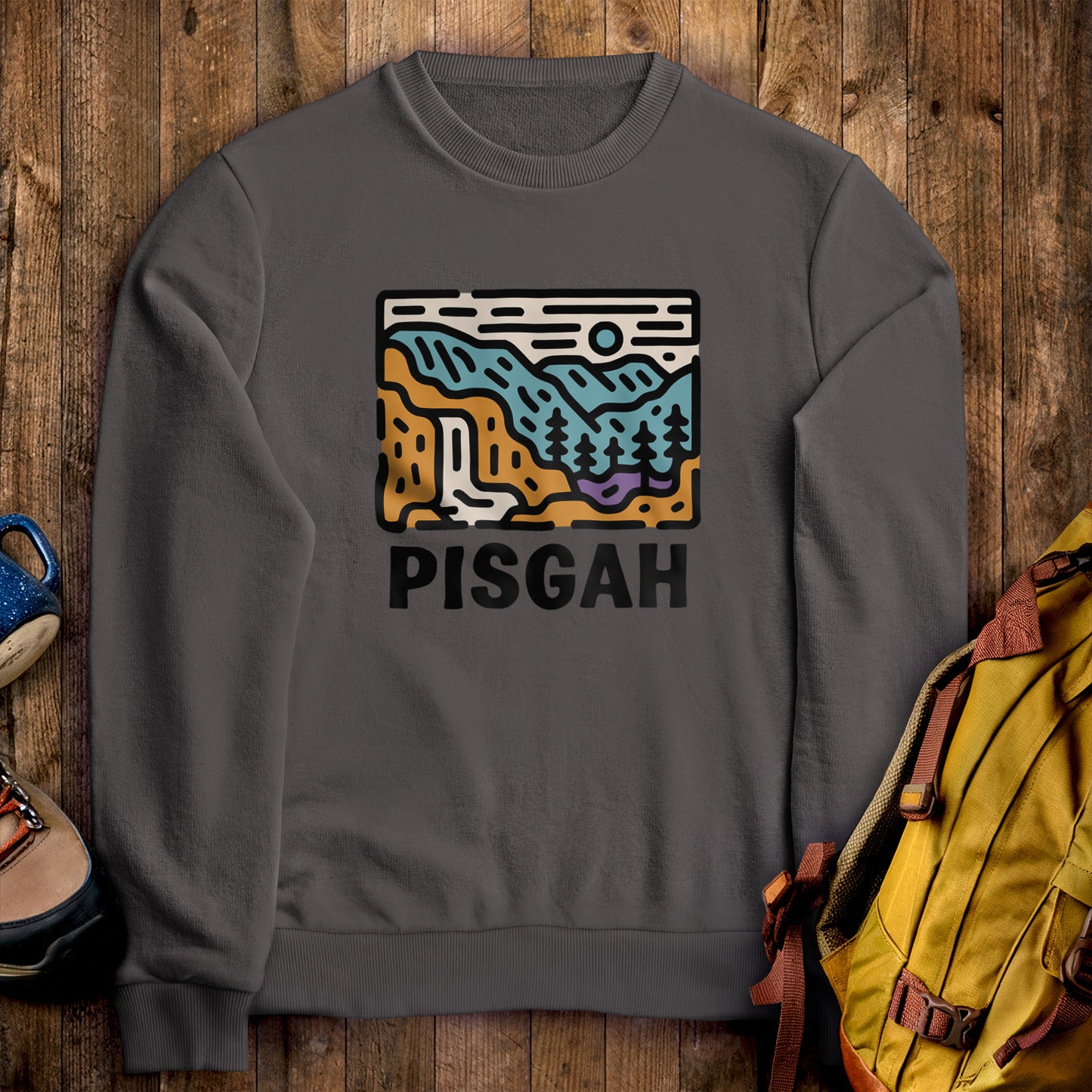 Pisgah National Forest Crewneck Sweatshirt Charcoal Adventure and Outdoors Themed Sweatshirt