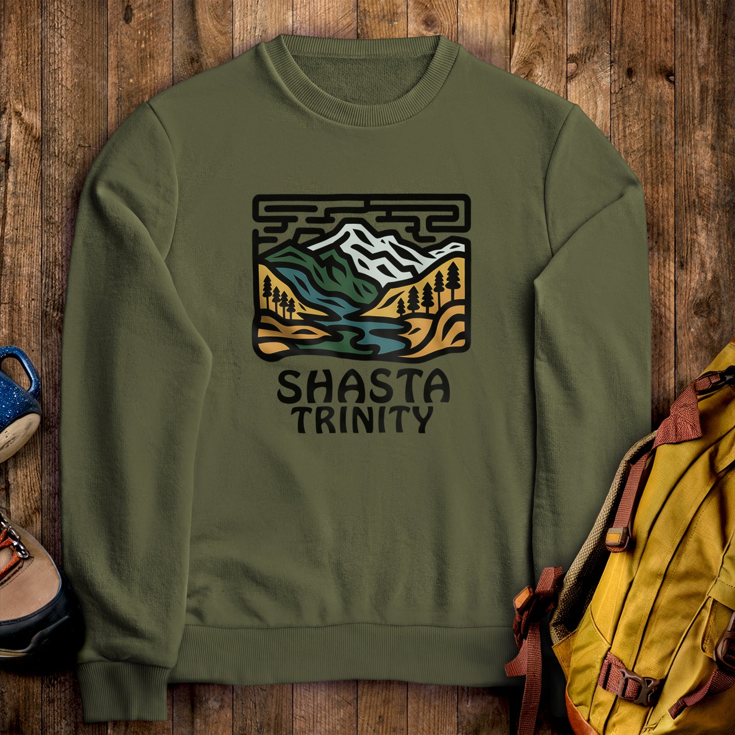 Shasta-Trinity National Forest Crewneck Sweatshirt Military Green Adventure and Outdoors Themed Sweatshirt