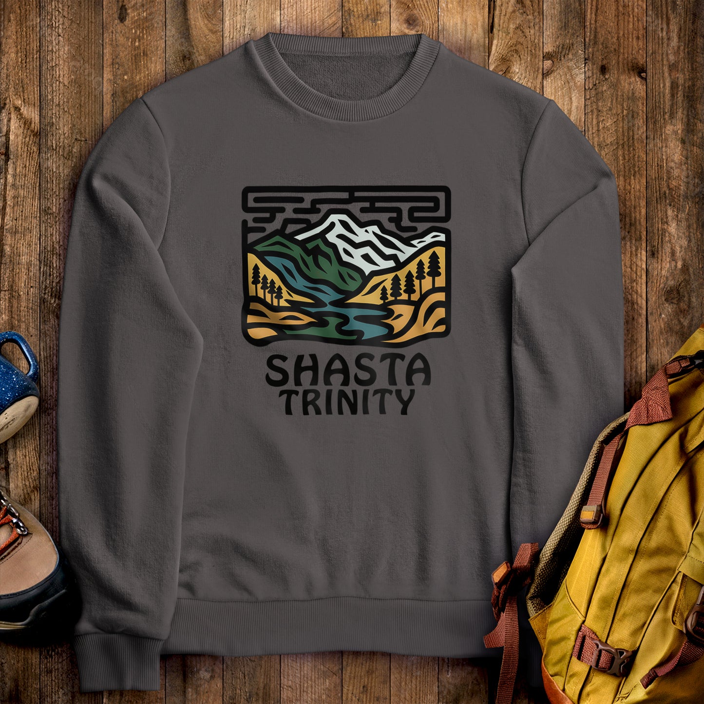 Shasta-Trinity National Forest Crewneck Sweatshirt Charcoal Adventure and Outdoors Themed Sweatshirt