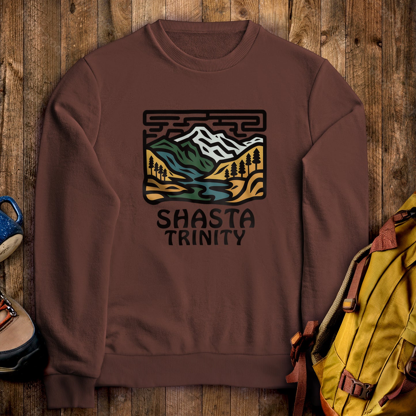 Shasta-Trinity National Forest Crewneck Sweatshirt Cocoa Adventure and Outdoors Themed Sweatshirt