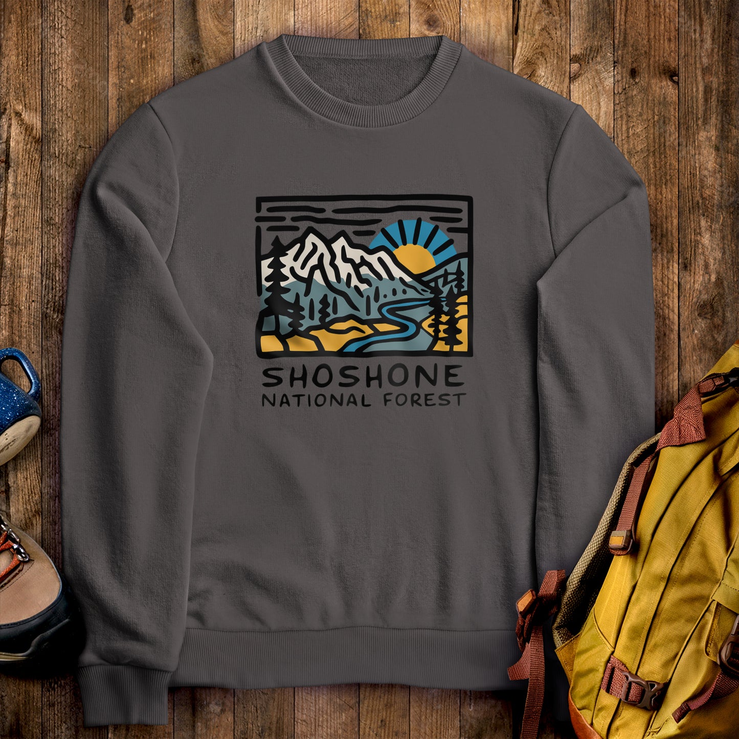 Shoshone National Forest Crewneck Sweatshirt Charcoal Adventure and Outdoors Themed Sweatshirt