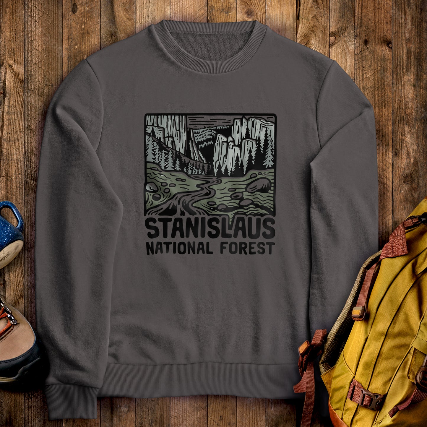 Stanislaus National Forest Crewneck Sweatshirt Charcoal Adventure and Outdoors Themed Sweatshirt