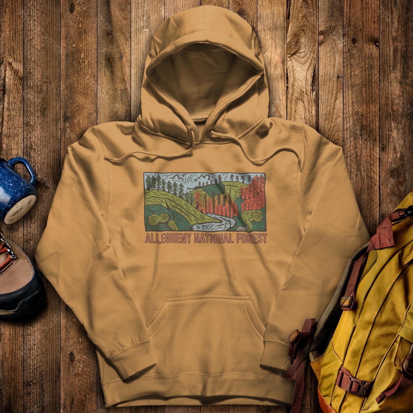 Allegheny National Forest Hoodie Mustard Adventure and Outdoors Themed Hoodie