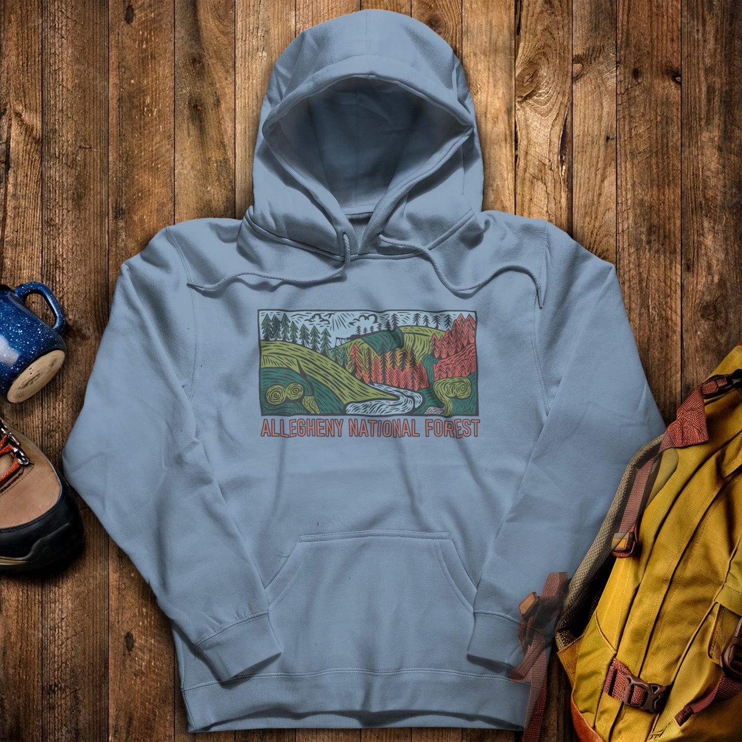 Allegheny National Forest Hoodie Stone Blue Adventure and Outdoors Themed Hoodie