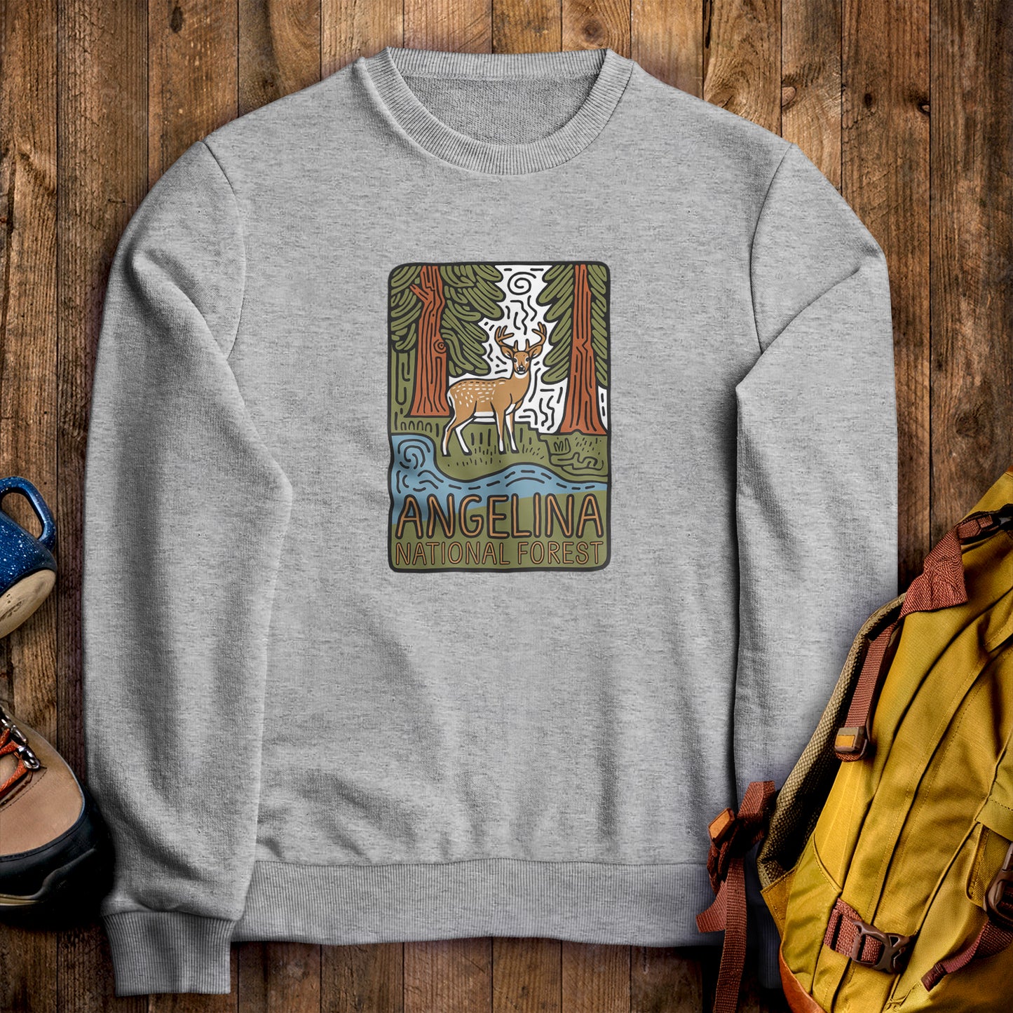 Angelina National Forest Crewneck Sweatshirt Sport Grey Adventure and Outdoors Themed Sweatshirt