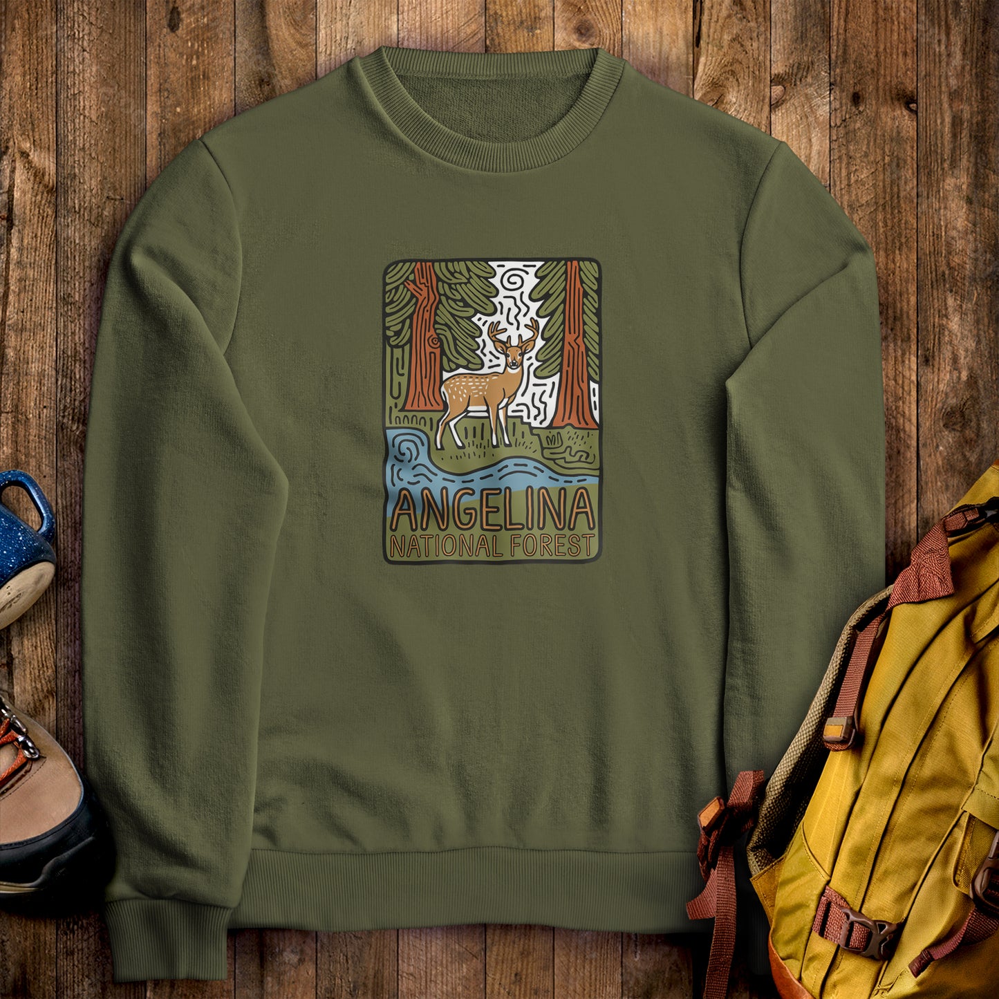 Angelina National Forest Crewneck Sweatshirt Military Green Adventure and Outdoors Themed Sweatshirt