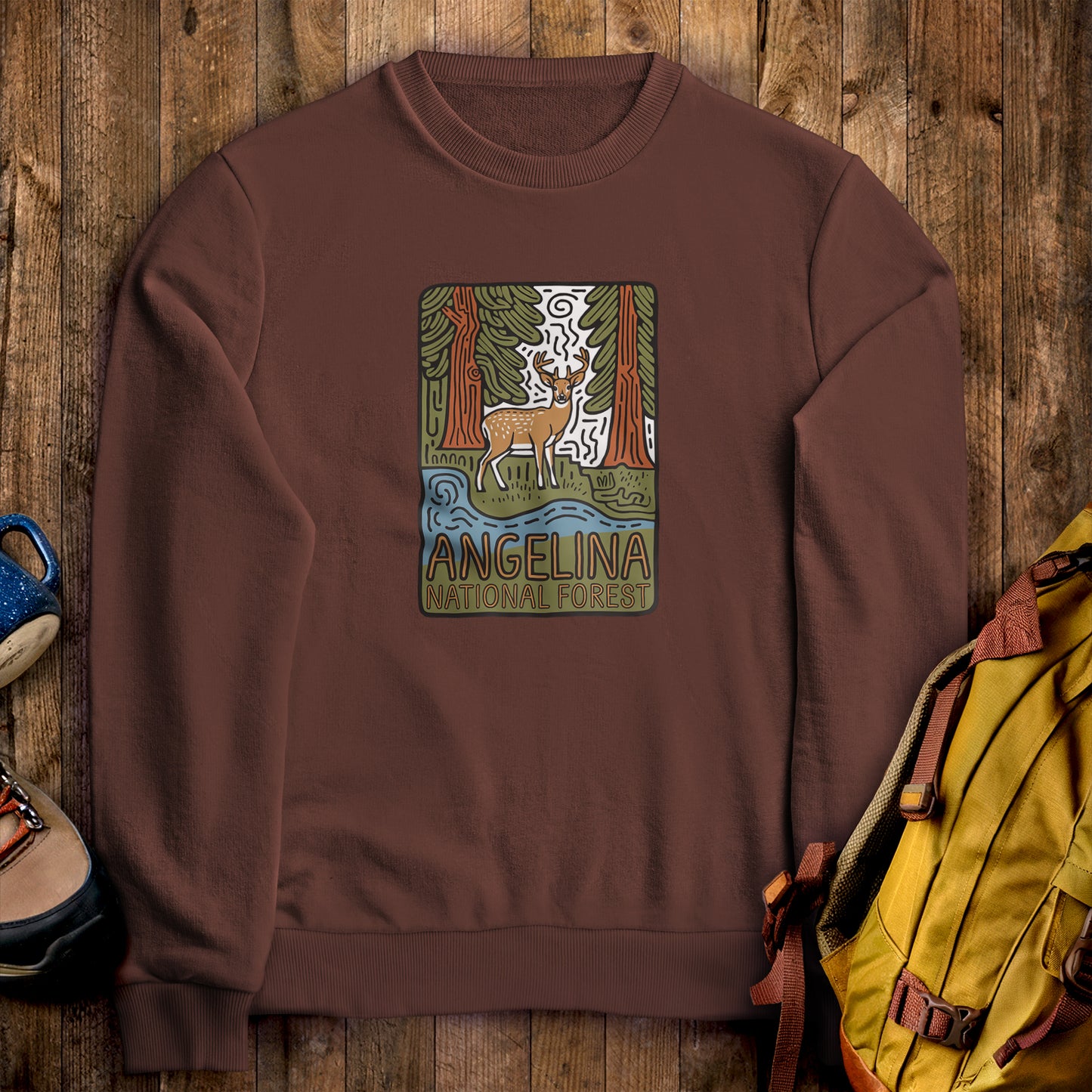 Angelina National Forest Crewneck Sweatshirt Cocoa Adventure and Outdoors Themed Sweatshirt