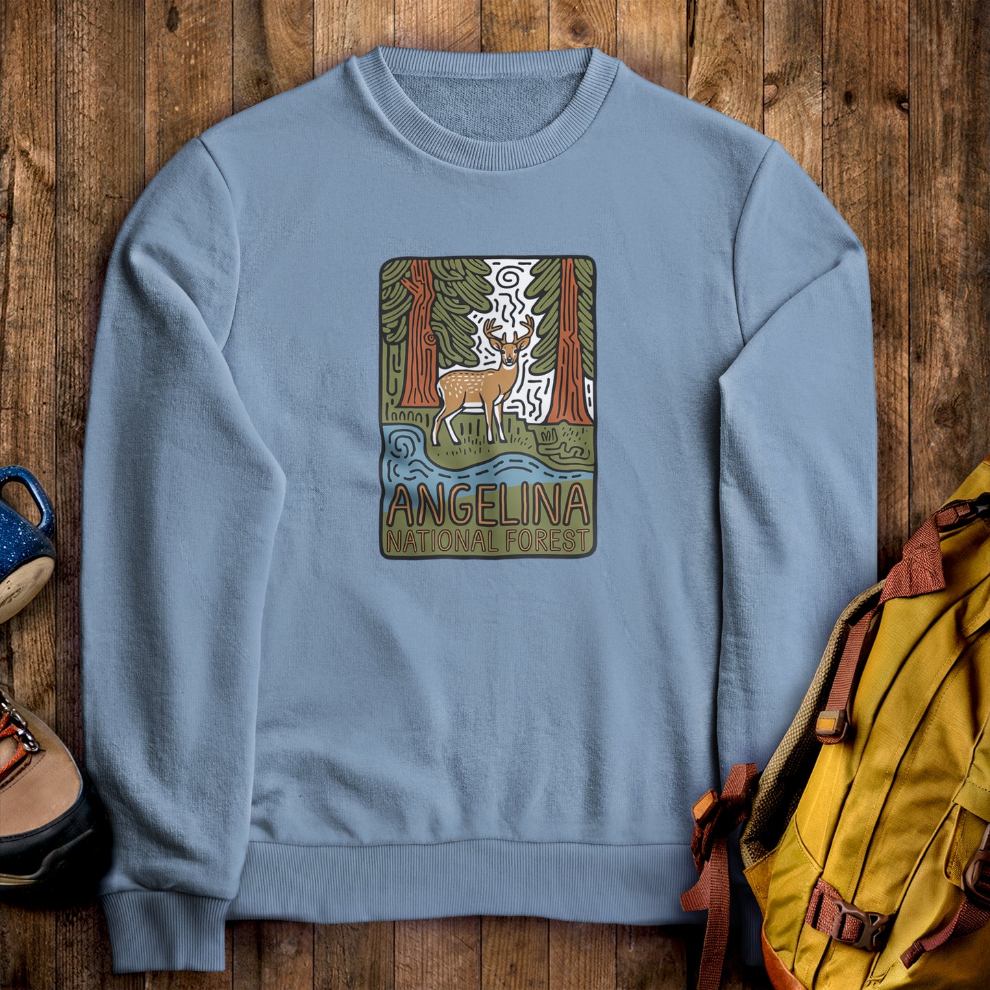 Angelina National Forest Crewneck Sweatshirt Stone Blue Adventure and Outdoors Themed Sweatshirt