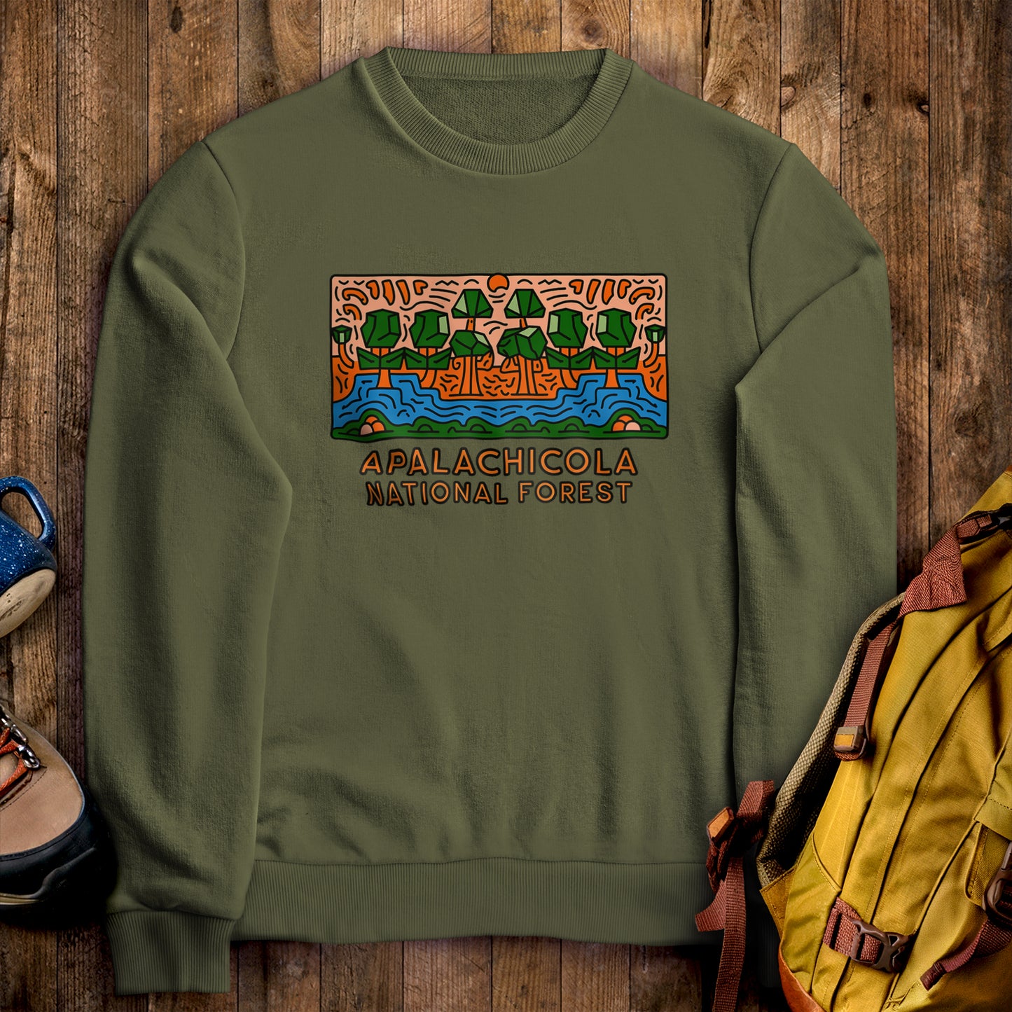 Apalachicola National Forest Crewneck Sweatshirt Military Green Adventure and Outdoors Themed Sweatshirt