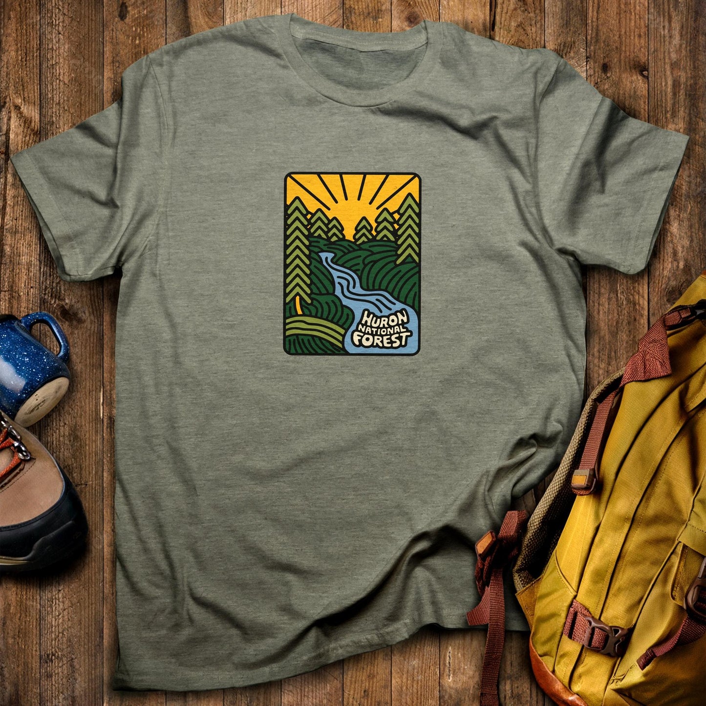 Huron National Forest T-Shirt Heather Military Green Adventure and Outdoors Themed T-Shirt