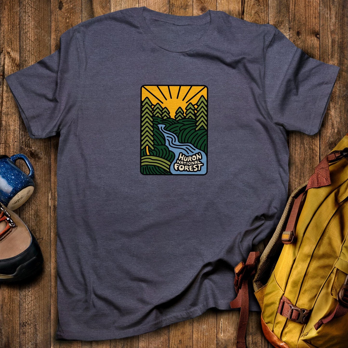 Huron National Forest T-Shirt Heather Navy Adventure and Outdoors Themed T-Shirt