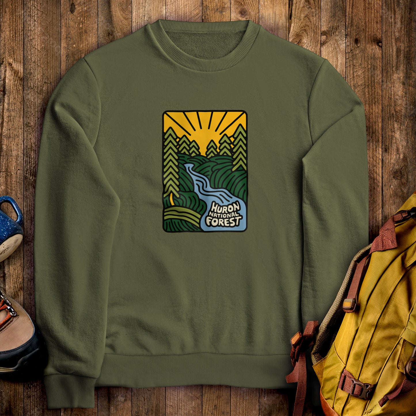 Huron National Forest Crewneck Sweatshirt Military Green Adventure and Outdoors Themed Sweatshirt