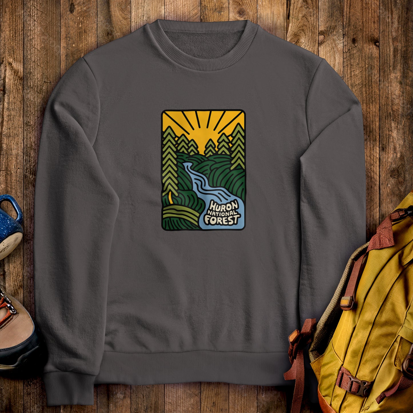 Huron National Forest Crewneck Sweatshirt Charcoal Adventure and Outdoors Themed Sweatshirt