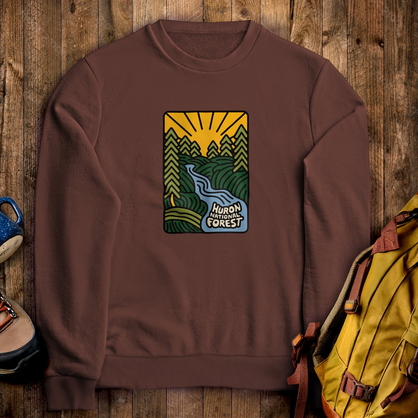 Huron National Forest Crewneck Sweatshirt Cocoa Adventure and Outdoors Themed Sweatshirt