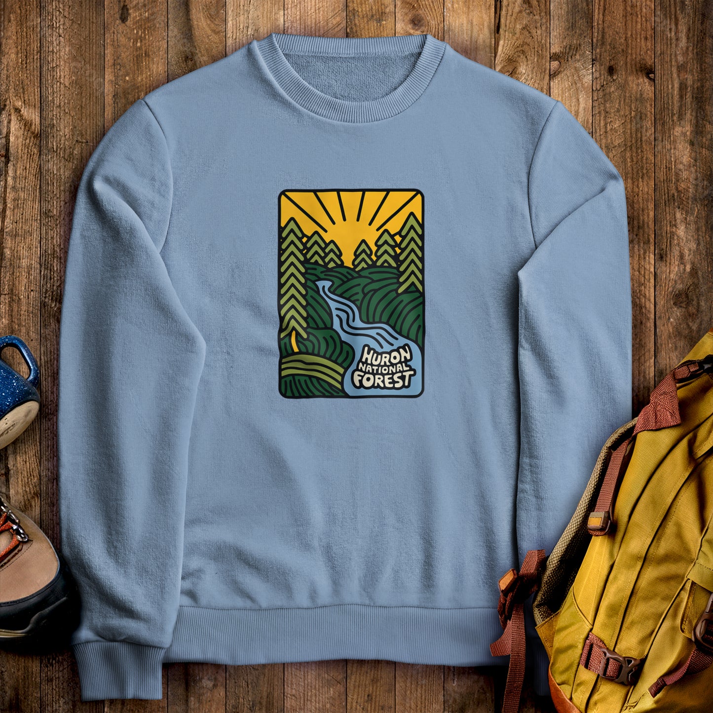 Huron National Forest Crewneck Sweatshirt Stone Blue Adventure and Outdoors Themed Sweatshirt