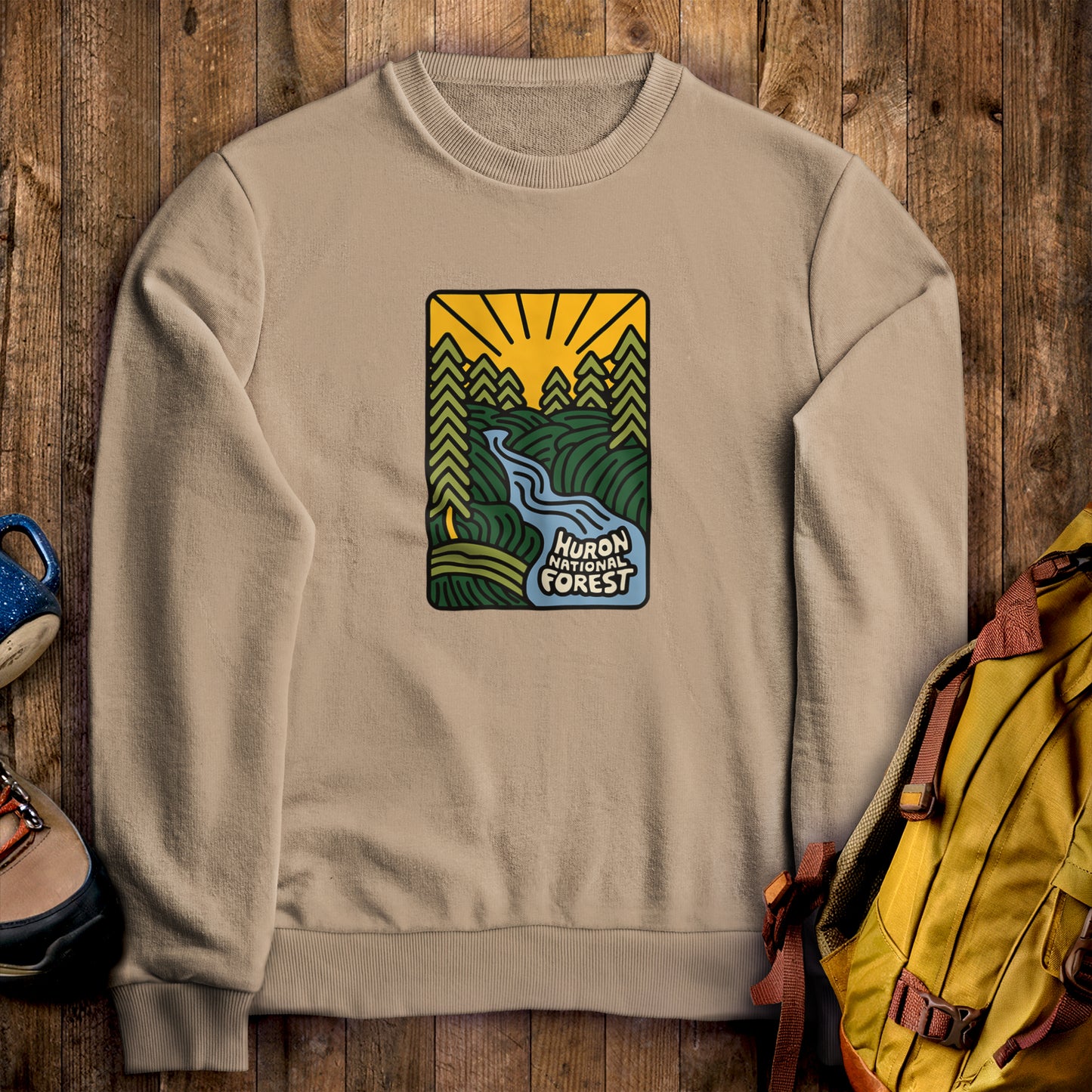 Huron National Forest Crewneck Sweatshirt Sand Adventure and Outdoors Themed Sweatshirt
