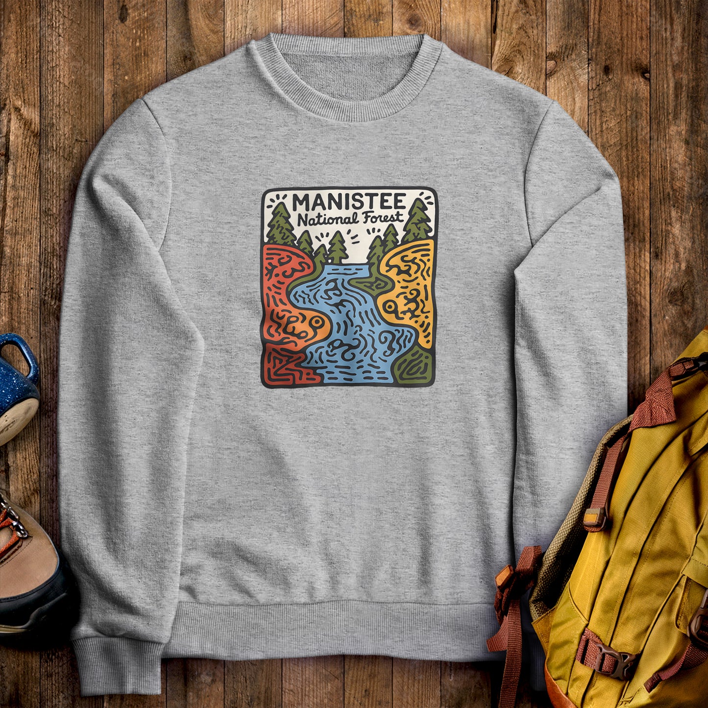 Manistee National Forest Crewneck Sweatshirt Sport Grey Adventure and Outdoors Themed Sweatshirt