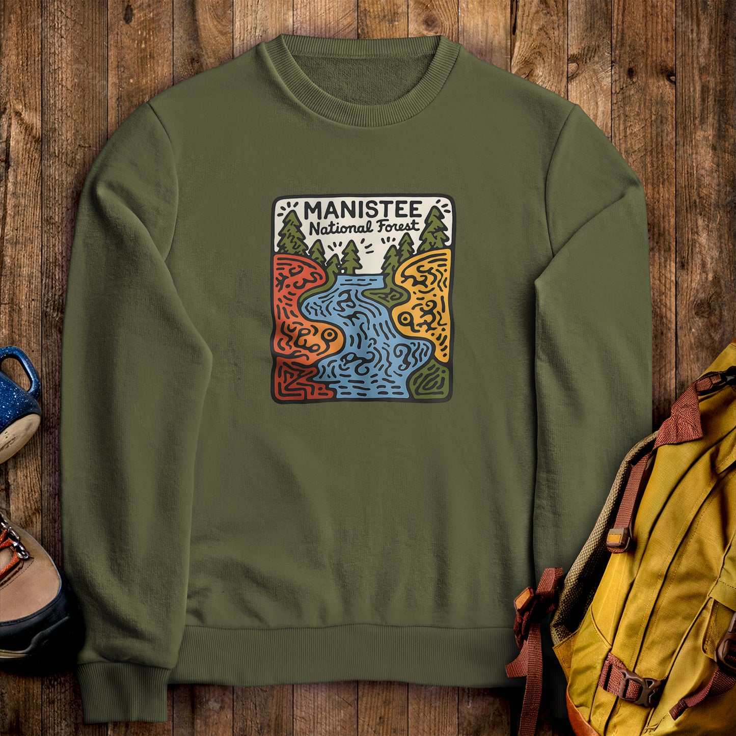 Manistee National Forest Crewneck Sweatshirt Military Green Adventure and Outdoors Themed Sweatshirt