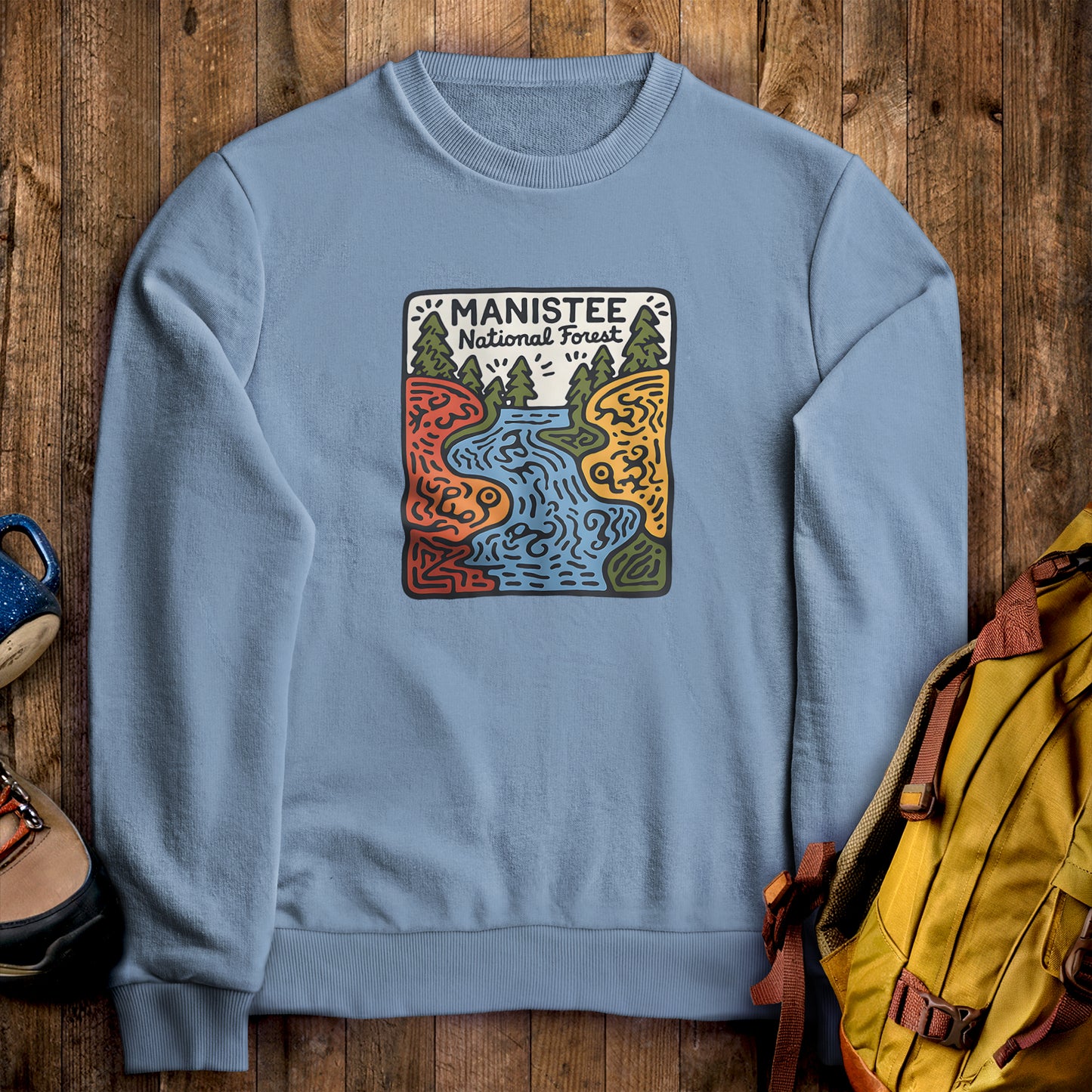 Manistee National Forest Crewneck Sweatshirt Stone Blue Adventure and Outdoors Themed Sweatshirt